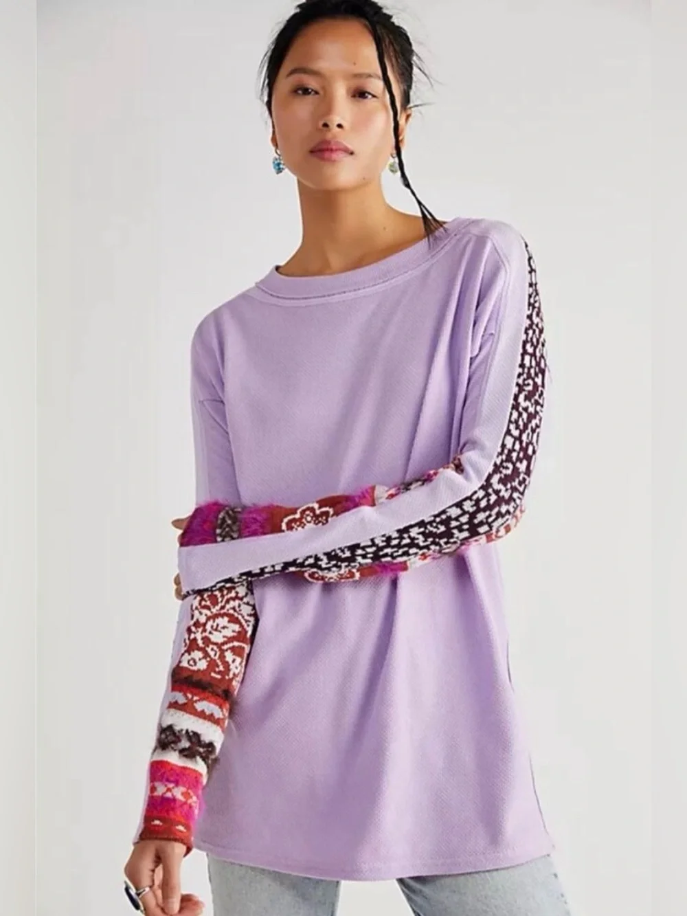 Free People Petal Lilac On My Way Thermal Top Patterned Sleeve Medium